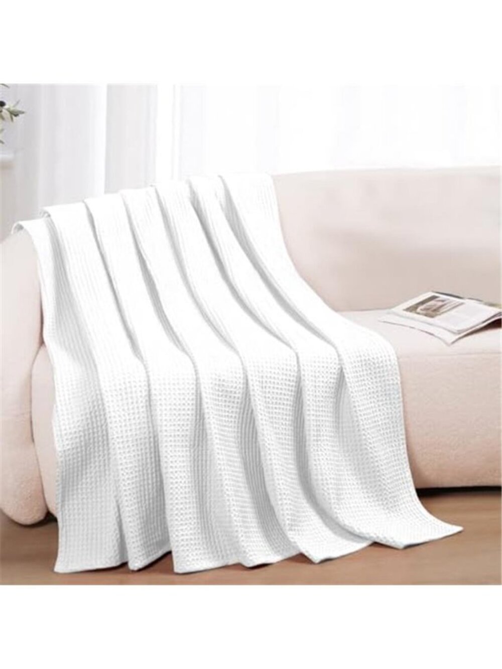 White Cotton Waffle Weave Blanket Lightweight Breathable Throw Bed Sofa Summer - Picture 1 of 7